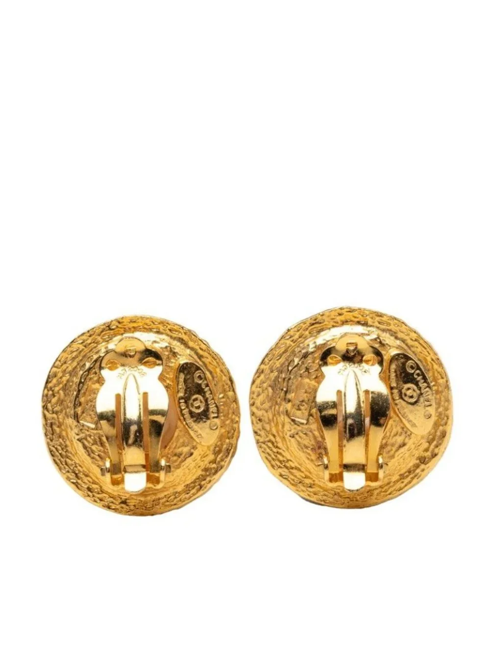 Chanel Logo Round Circle Earrings Gold Faux Pearl Plated